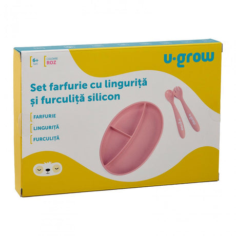 Set farfurie cu lingurita si furculita silicon, roz , U-Grow