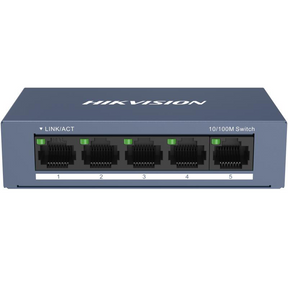 Switch Hikvision DS-3E0105-O: 5 × 10/100 Mbps RJ45 Port, tensiune alimentare 5 VDC, 1A., dimensiuni: 103.05 mm × 25.6 mm × 61.1 mm, greutate: 0.15kg, montare pe birou sau pe perete.