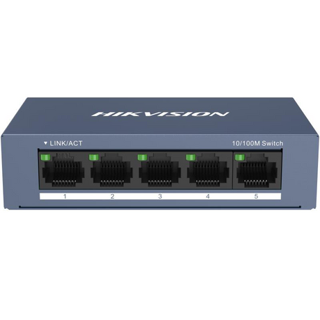 Switch Hikvision DS-3E0105-O: 5 × 10/100 Mbps RJ45 Port, tensiune alimentare 5 VDC, 1A., dimensiuni: 103.05 mm × 25.6 mm × 61.1 mm, greutate: 0.15kg, montare pe birou sau pe perete.