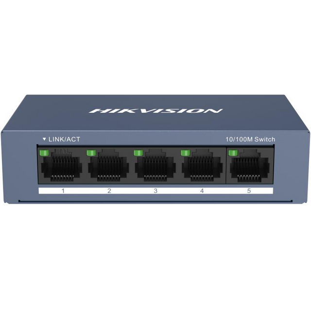 Switch Hikvision DS-3E0105-O: 5 × 10/100 Mbps RJ45 Port, tensiune alimentare 5 VDC, 1A., dimensiuni: 103.05 mm × 25.6 mm × 61.1 mm, greutate: 0.15kg, montare pe birou sau pe perete.