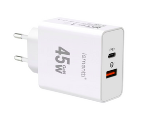 Lemontti Incarcator Retea GaN Fast Charge 45W 1 x PD Type-C + 1 x USB-A Quick Charge 3.0 Alb