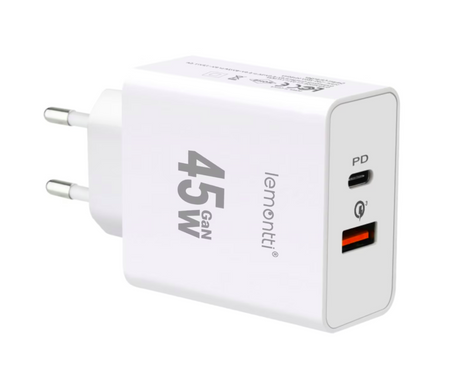 Lemontti Incarcator Retea GaN Fast Charge 45W 1 x PD Type-C + 1 x USB-A Quick Charge 3.0 Alb