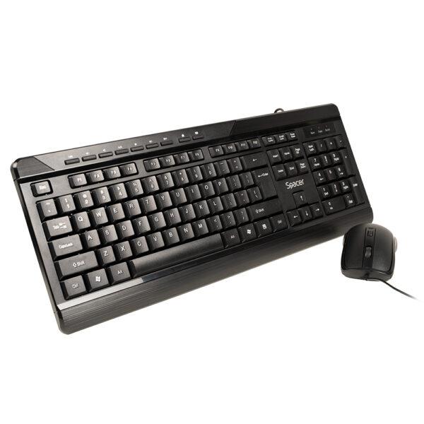 KIT Spacer, tastatura cu fir multimedia 104 taste (+ 9 taste multimedia) + mouse rezolutie max.1600dpi, 4 butoane, rotita scroll, negru