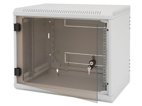 Rack de perete Triton sectiune simpla 6U 500mm adancime usa sticla panouri laterale fixe sectiuni ventilatie activa, sectiuni acces cabluri sus/jos/spate securizare cu cheie, 1 pereche montanti reglabili IP30 gri