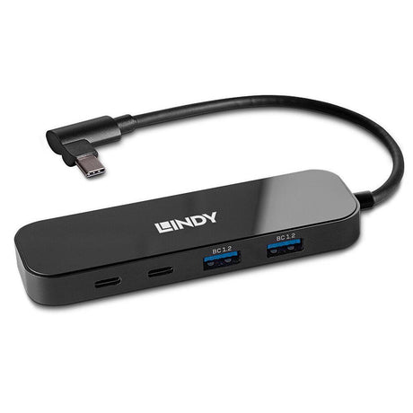 Hub Lindy 4 porturi, interfata USB 3.2 Gen2, latime de banda suportata 10 Gbps, power delivery 3.0 pana la 100W (20V 5A), chipset VL102+, GL3590, negru