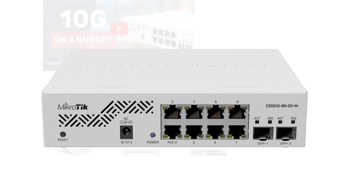 MIKROTIK, CSS610-8G-2S+IN 8G, 2 SFP+ Port , Indoor Switch 64kb Flash, Pasive POE, Dimensiuni: 200 x 167 x 46 mminterfata: 8 x 10/100/1000, 2 x SFP+, IP20, POE in- 12-57 V, consum maxim 5w.