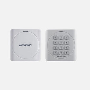 Cititor card Hikvision DS-K1801E, citeste carduri RFID EM 125Khz, distanta citire: 50mm, comunicare: Wiegand 26/34 protocol, indicator LED de stare si alimentare; alimentare: 12VDC, IP65, dimensiuni: 87 × 87 × 13.3mm