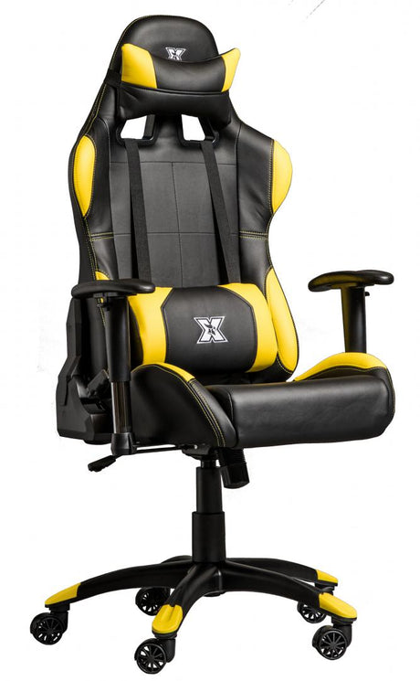 Scaun gaming X by Serioux, Torin, ajustabil, piele sintetica, piston pe gaz, manere reglabile, baza stea cu 5 picioare, greutate maxima admisa 150Kg, perne detasabile, negru si galben
