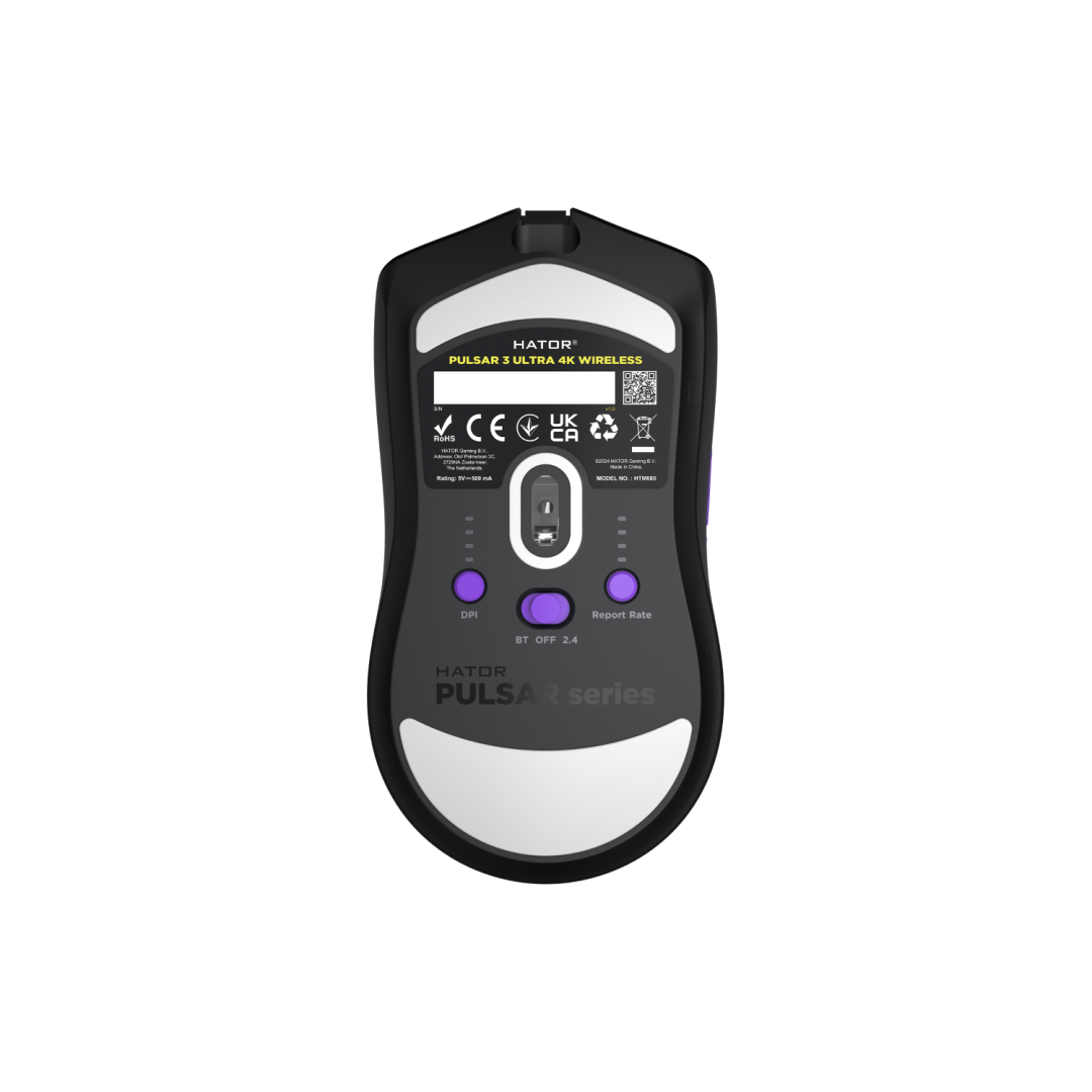 Mouse gaming wireless Hator Pulsar 3 ULTRA 8K+4K, polling rate pana la 8000Hz, senzor Optical PixArt PAW 3950, rezolutie maxima 30000 DPI, switch HATOR® Optical 100M, side switch Kailh 3M, durata de viata baterie in wireless mode pana la 180 de ore, negru