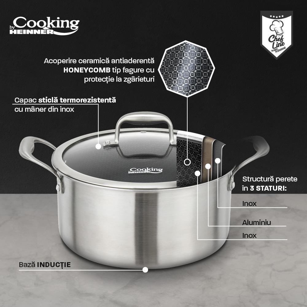 SEMIOALA INOX+CAPAC STICLA IN 3 STRATURI 24x12 CM, 5 L, TITANIUM3, COOKING BY HEINNER