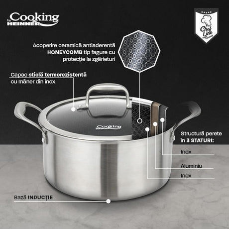 SEMIOALA INOX+CAPAC STICLA IN 3 STRATURI 24x12 CM, 5 L, TITANIUM3, COOKING BY HEINNER