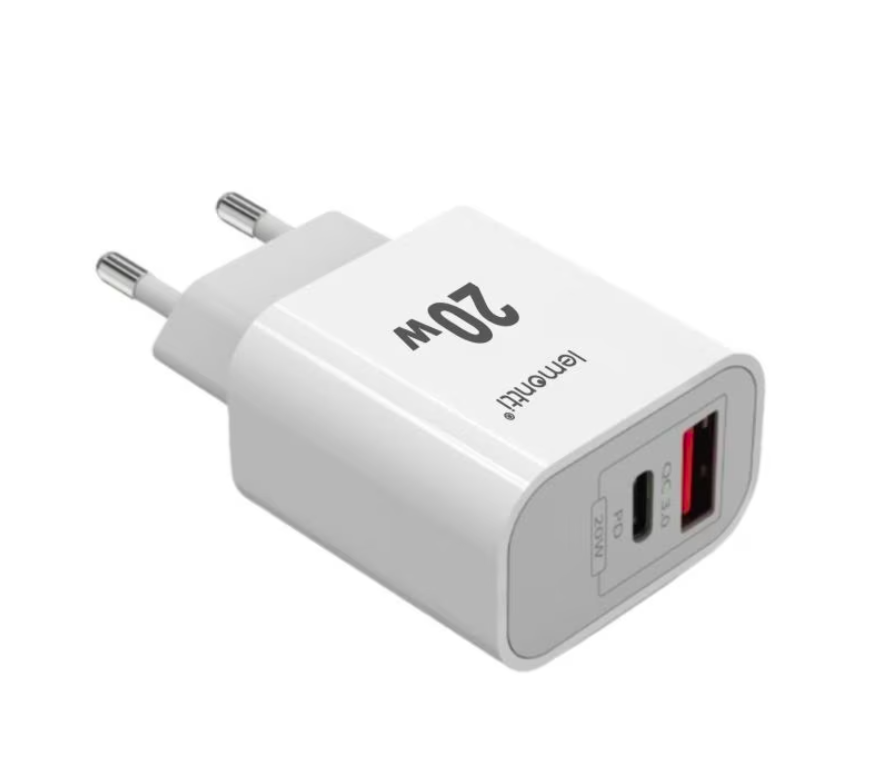 Lemontti Set Incarcator Retea Fast Charge 20W 1 x PD Type-C + 1 x USB-A Quick Charge 3.0 si cablu Type-C-Type-C 20W 1m Alb