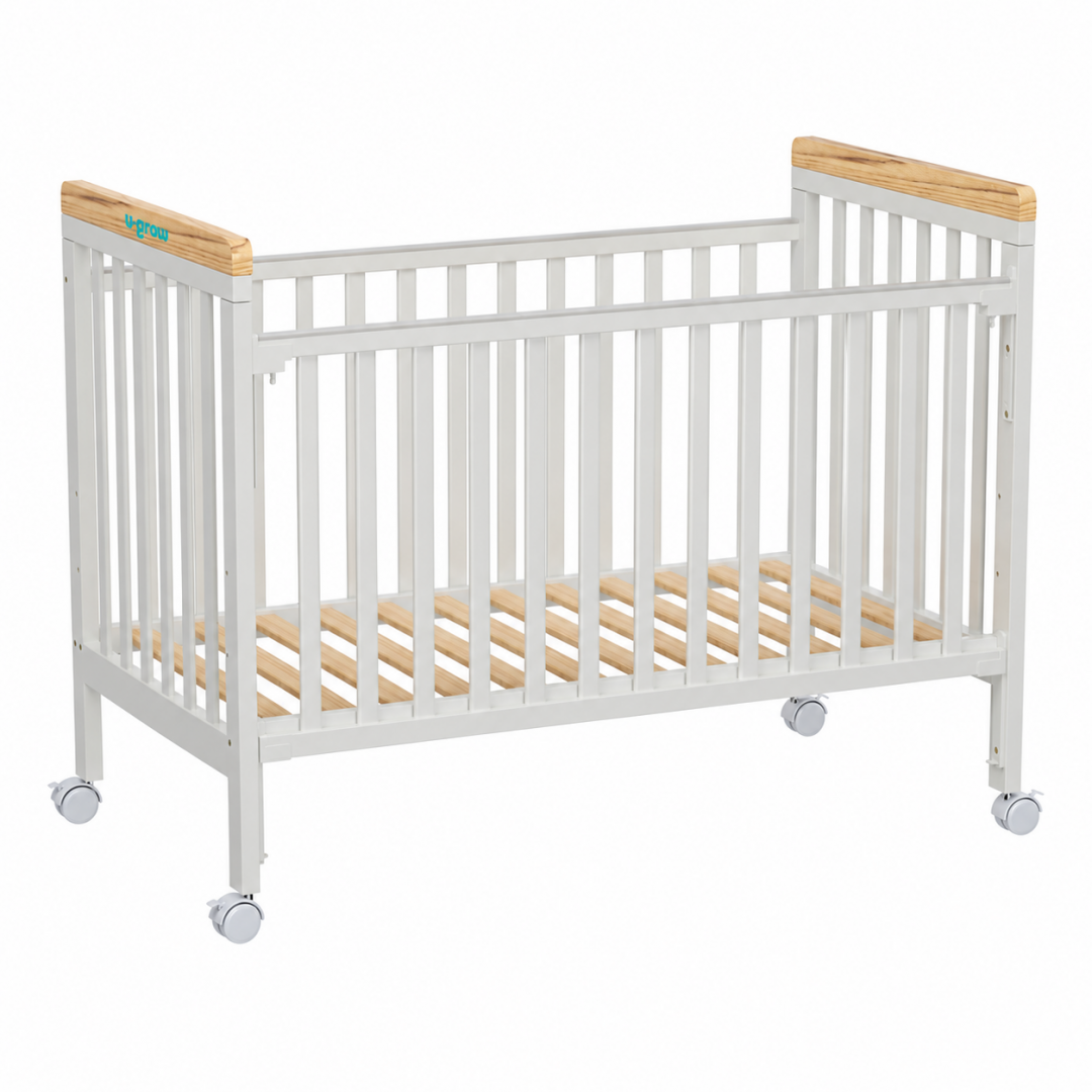 Patut din lemn bebe, +0 luni, 120x60 cm,  culoare alb, laterala culisanta, reglabil pe 3 nivele de inaltime, U-Grow