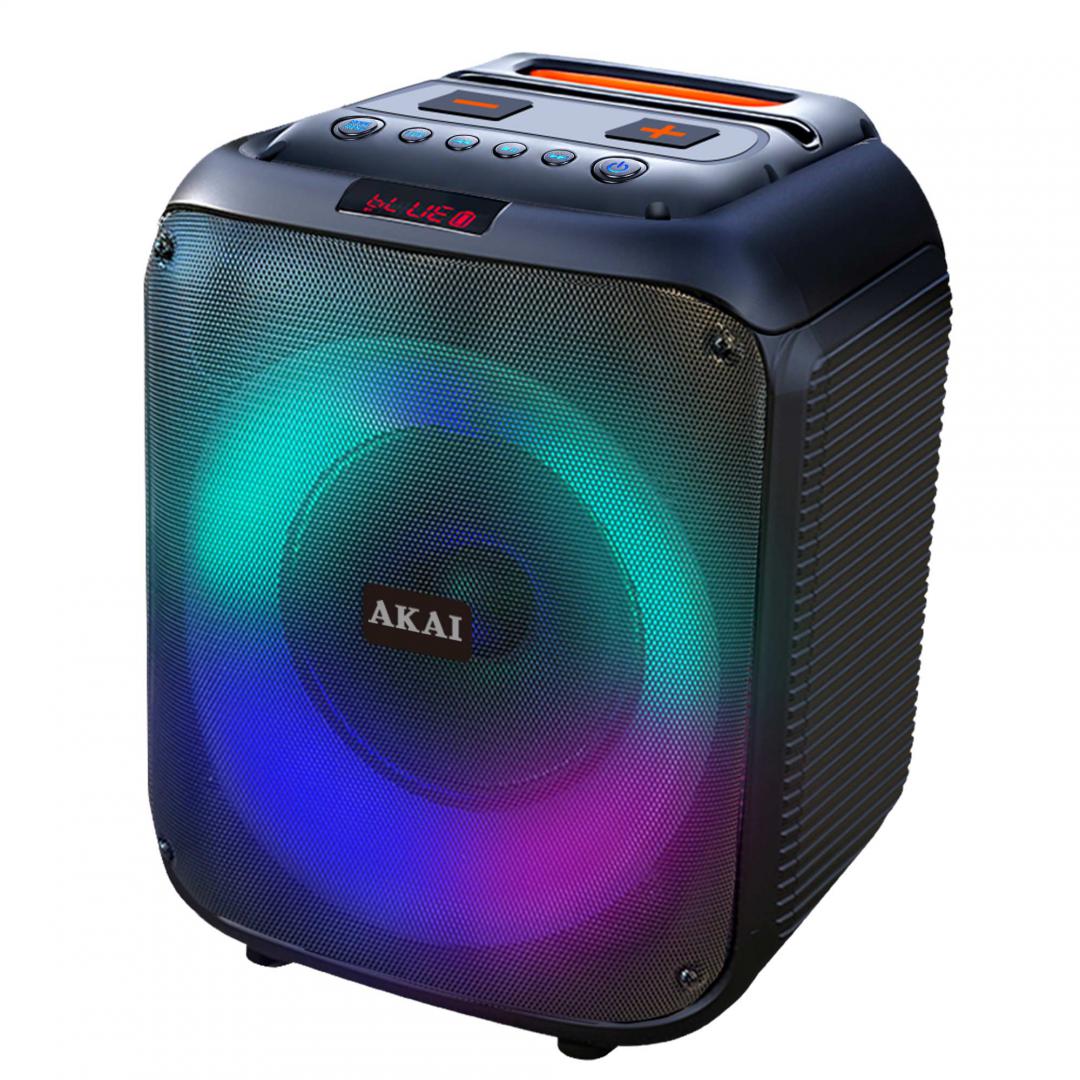 Boxa portabila Akai Bluetooth 5.0, putere RMS 40W, intrare AUX de 3,5 mm, timp de încărcare - aprox. 6 ore, baterie 7.4V, 3600mAh consum de energie 15W, impedanță 2 ohmi (difuzor), raport S/N 60dB, distorsiune 10%, negru