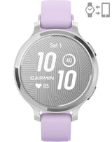Ceas Garmin Lily 2 Active, display AMOLED, dimensiune afisaj 25,4 mm x 21,3 mm, rezolutie afisaj 240 x 201 pixeli, memorie 8GB, autonomie pana la 9 zile, rezistanta la apa pana la 5 ATM, greutate: 24,4g, ramă Argintiu, şi curea Purple Jasmine din silicon