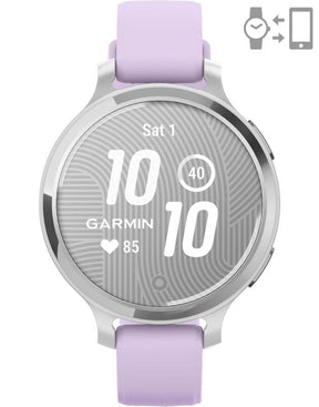 Ceas Garmin Lily 2 Active, display AMOLED, dimensiune afisaj 25,4 mm x 21,3 mm, rezolutie afisaj 240 x 201 pixeli, memorie 8GB, autonomie pana la 9 zile, rezistanta la apa pana la 5 ATM, greutate: 24,4g, ramă Argintiu, şi curea Purple Jasmine din silicon