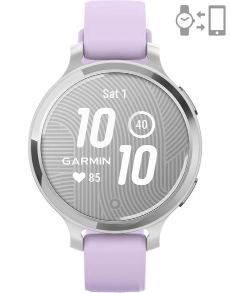 Ceas Garmin Lily 2 Active, display AMOLED, dimensiune afisaj 25,4 mm x 21,3 mm, rezolutie afisaj 240 x 201 pixeli, memorie 8GB, autonomie pana la 9 zile, rezistanta la apa pana la 5 ATM, greutate: 24,4g, ramă Argintiu, şi curea Purple Jasmine din silicon