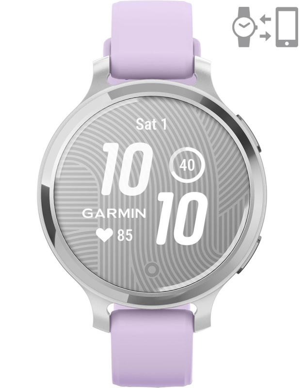 Ceas Garmin Lily 2 Active, display AMOLED, dimensiune afisaj 25,4 mm x 21,3 mm, rezolutie afisaj 240 x 201 pixeli, memorie 8GB, autonomie pana la 9 zile, rezistanta la apa pana la 5 ATM, greutate: 24,4g, ramă Argintiu, şi curea Purple Jasmine din silicon