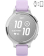 Ceas Garmin Lily 2 Active, display AMOLED, dimensiune afisaj 25,4 mm x 21,3 mm, rezolutie afisaj 240 x 201 pixeli, memorie 8GB, autonomie pana la 9 zile, rezistanta la apa pana la 5 ATM, greutate: 24,4g, ramă Argintiu, şi curea Purple Jasmine din silicon