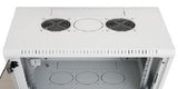 Rack de perete Triton sectiune simpla 18U 600mm adancime usa sticla panouri laterale fixe sectiuni ventilatie activa, sectiuni acces cabluri sus/jos/spate securizare cu cheie, 1 pereche montanti reglabili IP30 gri