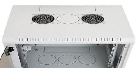 Rack de perete Triton sectiune simpla 18U 600mm adancime usa sticla panouri laterale fixe sectiuni ventilatie activa, sectiuni acces cabluri sus/jos/spate securizare cu cheie, 1 pereche montanti reglabili IP30 gri