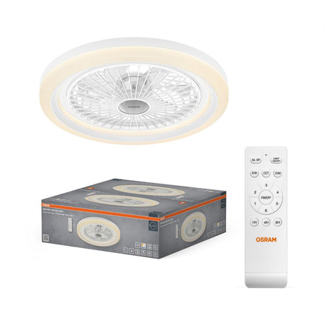Plafoniera LED CCT cu ventilator Osram Solano cu Telecomanda, 43W, 2100lm, lumina alba (3000-4000-6500K), dimabila, IP20, max 1168 m³/h, timer 1h-4h-8h, Alb