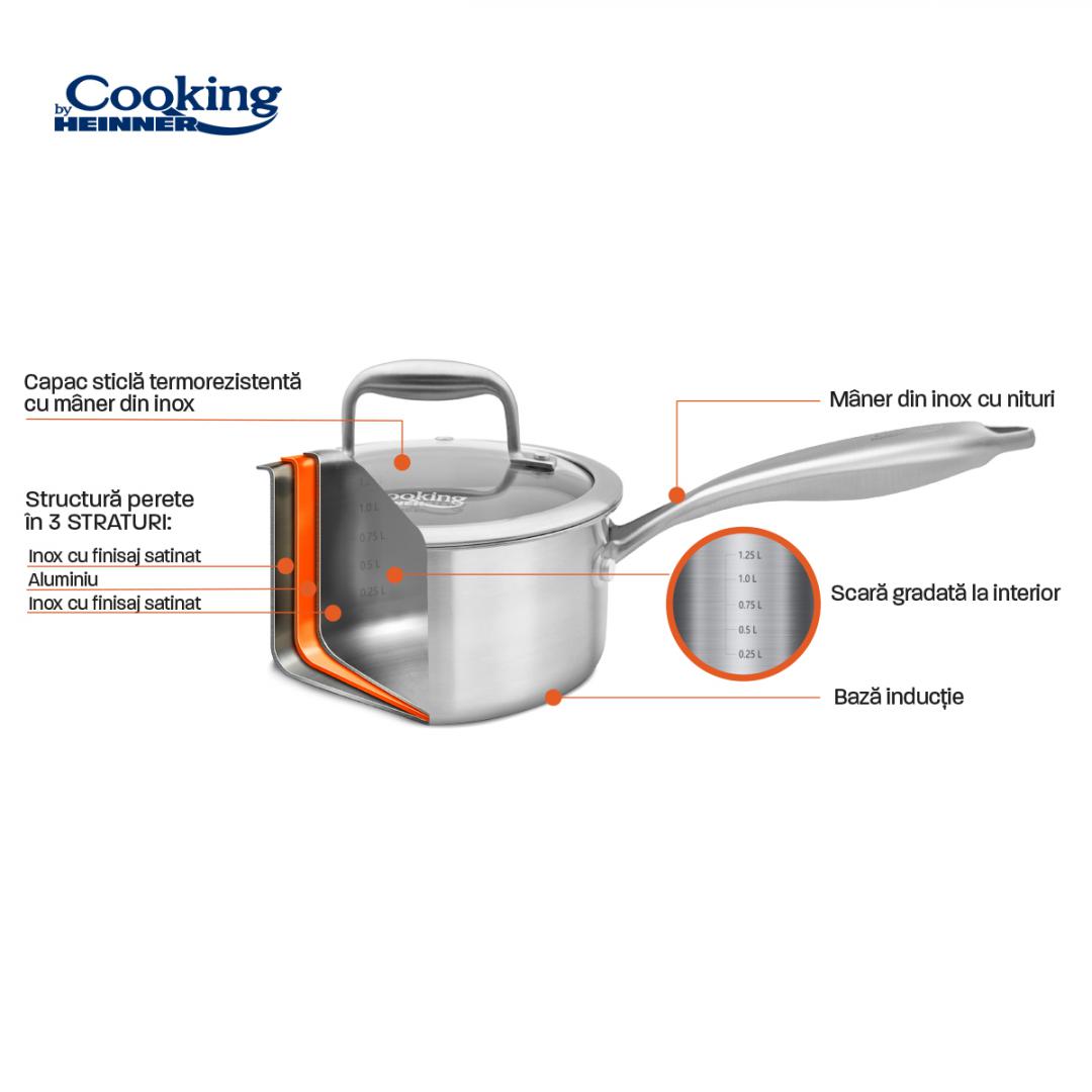 CASEROLA INOX+CAPAC STICLA 16x8.5CM,1.6L, ATOMIC3, COOKING BY HEINNER