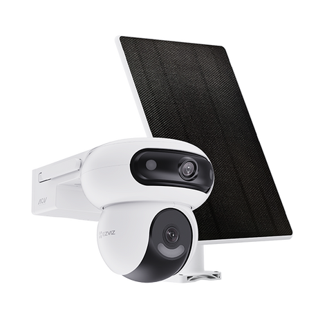 CAMERA EZVIZ CU PANOU SOLAR HB90+8W SOLAR PANEL KIT, Senzor CMOS de scanare progresivă de 1/3" de 4 MP, Lentila superioară: 2,8 mm @ F1.2, câmp vizual: diagonală 110°, Orizontală 96°, verticală 54° Inferioară lentilă: 6 mm @ F1.2, câmp vizual: diagonală 60°, Orizontală 52°, verticală 28°, IR 35M