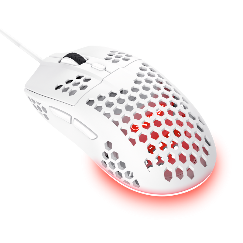 Mouse cu fir Trust GXT 928W Helox, rezolutie maxima 6400 DPI, 6 butoane, interfata USB-A, alb