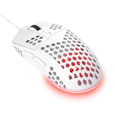 Mouse cu fir Trust GXT 928W Helox, rezolutie maxima 6400 DPI, 6 butoane, interfata USB-A, alb