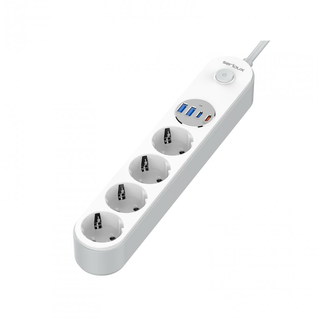 Prelungitor cu protectie Serioux SRXP-PS44W, 4 prize schuko, Tensiune intrare: 100-240V, 50-60Hz, Tensiune ieşire (total): 2500W-10A, 4 porturi USB (auto max), USB-C1-20W si USB-C2/A1/A2-12W, Amperaj port USB (max): 3.4A, Funcţie auto ID