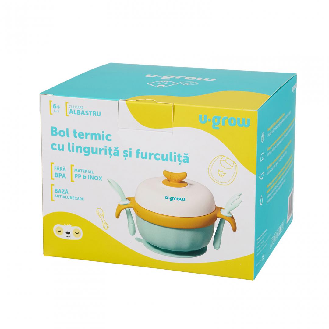 Bol termic , lingurita si furculita , baza antialunecare, blue, U-Grow