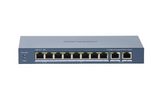 Switch PoE Hikvision DS-3E0310HP-E(C): 8 × 10/100 Mbps PoE port,2 × Gigabit RJ45 port, 16 porturi PoE maxim 30W, buget PoE 130W, tensiune alimentare: 54 VDC, 2.22 A., dimensiuni: 217.6 mm × 27.6 mm × 108.5 mm, greutate: 1.27kg, montare pe birou.