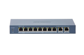 Switch PoE Hikvision DS-3E0310HP-E(C): 8 × 10/100 Mbps PoE port,2 × Gigabit RJ45 port, 16 porturi PoE maxim 30W, buget PoE 130W, tensiune alimentare: 54 VDC, 2.22 A., dimensiuni: 217.6 mm × 27.6 mm × 108.5 mm, greutate: 1.27kg, montare pe birou.