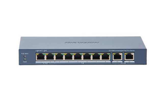 Switch PoE Hikvision DS-3E0310HP-E(C): 8 × 10/100 Mbps PoE port,2 × Gigabit RJ45 port, 16 porturi PoE maxim 30W, buget PoE 130W, tensiune alimentare: 54 VDC, 2.22 A., dimensiuni: 217.6 mm × 27.6 mm × 108.5 mm, greutate: 1.27kg, montare pe birou.