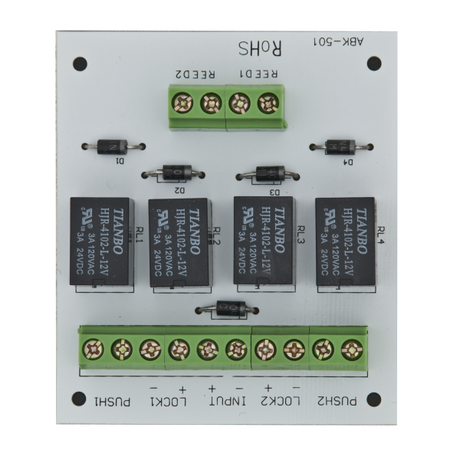 Modul electronic pentru doua usi cu incuietori tip fail-safe cu monitorizare sau buton.