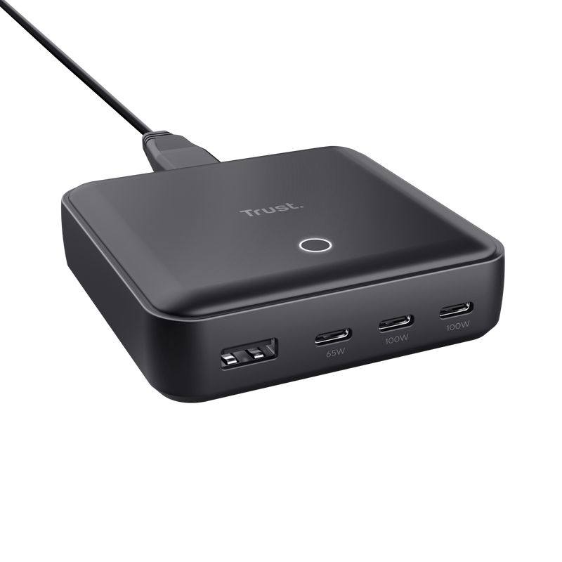 Statie de incarcare Trust,  4 porturi: 1 x USB-A & 3 x USB-C, putere maxima 100W, compatibil cu laptop, tableta, smartphone, accessorii, negru