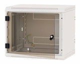 Rack de perete Triton sectiune simpla 12U 600mm adancime usa sticla panouri laterale fixe sectiuni ventilatie activa, sectiuni acces cabluri sus/jos/spate securizare cu cheie, 1 pereche montanti reglabili IP30 gri