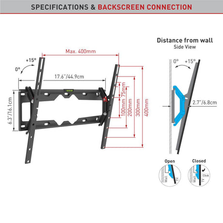 Suport TV de perete Barkan, pentru ecrane de pana la 13" - 65", greutate maxima suportata 36kg, distanta fata de perete 80mm - 205mm, VESA max. 400x400 mm, negru