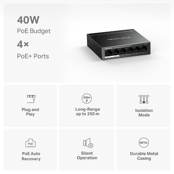 Mercusys Desktop Switch MS106LP 6 porturi 10/100Mbps, Standarde si protocoale  IEEE 802.3x Flow Control, 4 porturi POE, buget POE 40W, dimensiuni: 99.8*98*25mm.