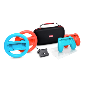 Pachet accesorii Trust pentru conosola Nintendo Switch, pachetul contine: husa de transport, 2 x prinderi Joy-Con, 2 x volan, sticla securizata pentru Switch, sticla securizata pentru Switch OLED, stand de incarcare, cablu USB-C-A, manual de utilizator