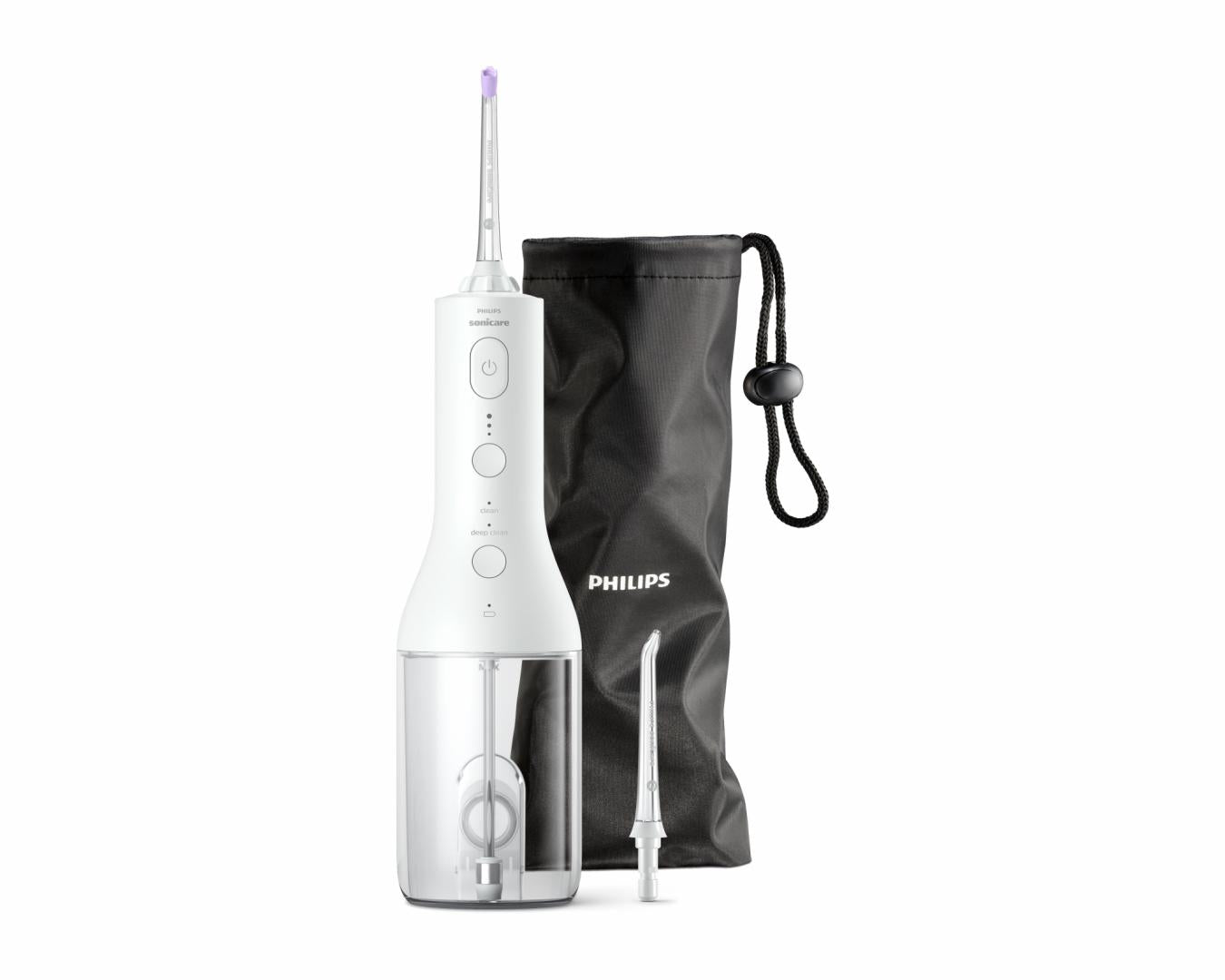 Irigator bucal PHILIPS Sonicare Cordless Power Flosser 3000 HX3826/31, Tehnologie QuadStream, Portabil, 2 moduri de curatare, 3 niveluri de intensitate , 2 x capete de curatare si 1 x husa trasport, Alb, L x A x I (mm) 92x134x247