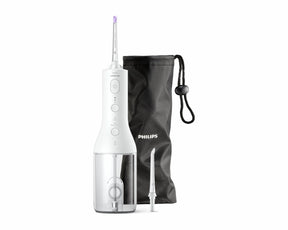 Irigator bucal PHILIPS Sonicare Cordless Power Flosser 3000 HX3826/31, Tehnologie QuadStream, Portabil, 2 moduri de curatare, 3 niveluri de intensitate , 2 x capete de curatare si 1 x husa trasport, Alb, L x A x I (mm) 92x134x247