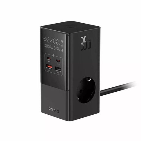 Incarcator retea Baseus PowerCombo Tower Digital Powerstrip, Quick charge 35W, 4 porturi iesire, lungime cablu 1.5m, negru