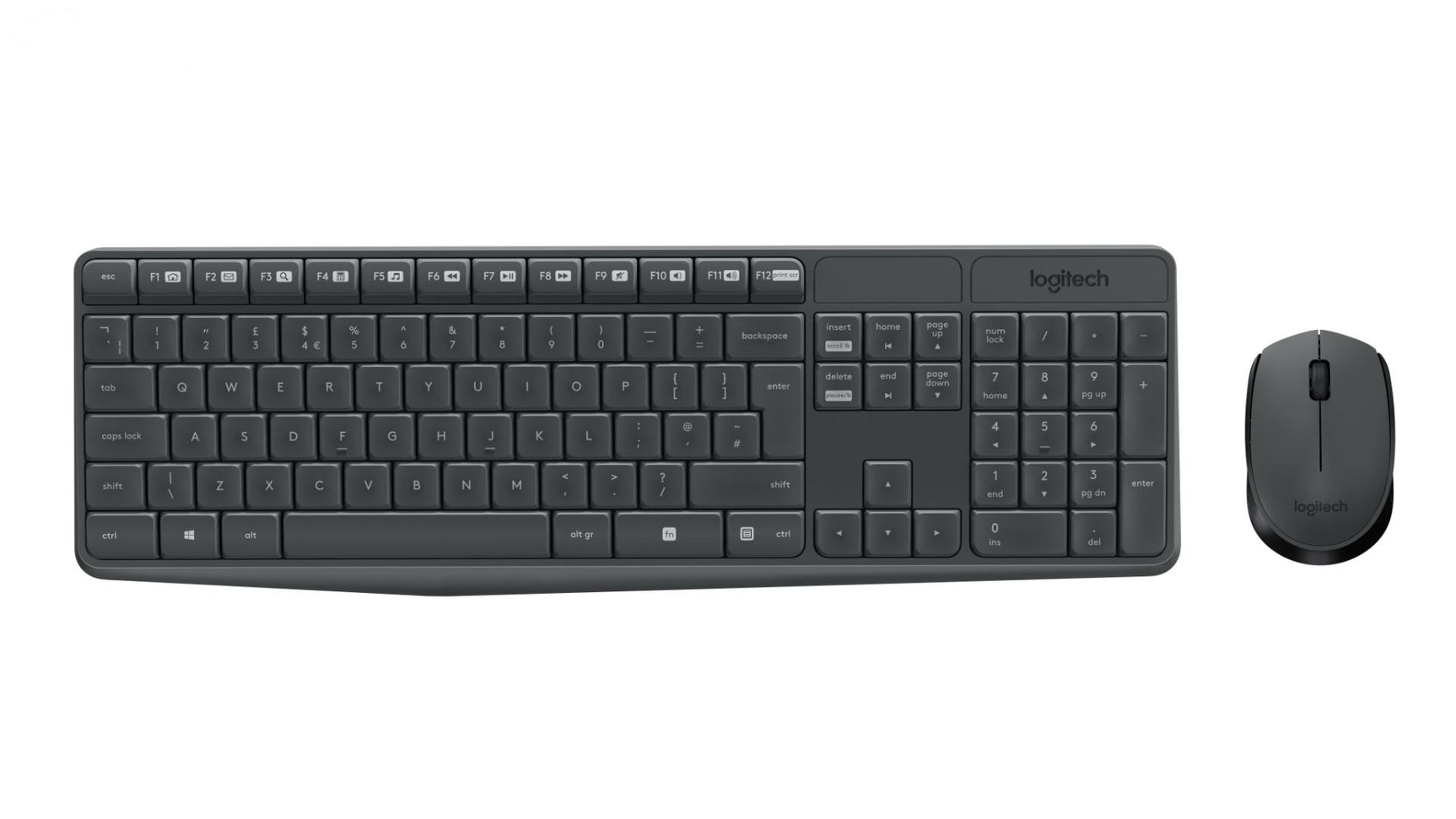Kit Tastatura + mouse wireless Logitech MK235, interfata USB, distanta de operare pana la 10m, 100 taste, rezolutie mosue 1000 DPI, gri