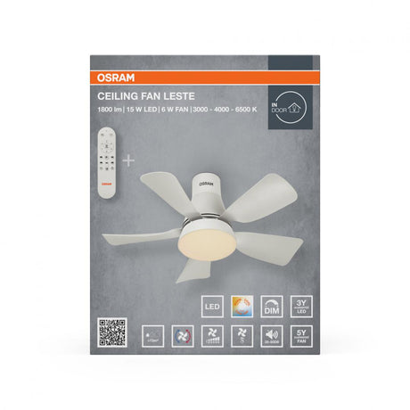 Plafoniera LED CCT cu ventilator Osram Leste cu Telecomanda, 21W, 1800lm, lumina alba (3000-4000-6500K), dimabila, IP20, max 600 m³/h, timer 2h-4h-8h Alb