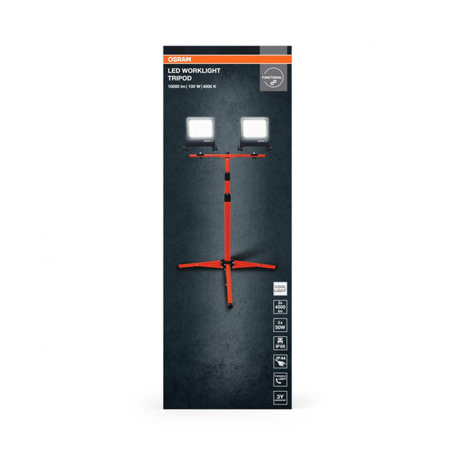 2 Proiectoare LED (lampa de lucru) cu stativ OSRAM Worklight Tripod,2x50W, 220-240V, 2x4500 lm, lumina neutra(4000K), IP65/IK06/IP44,inaltime ajustabila 1.8m, Aluminiu