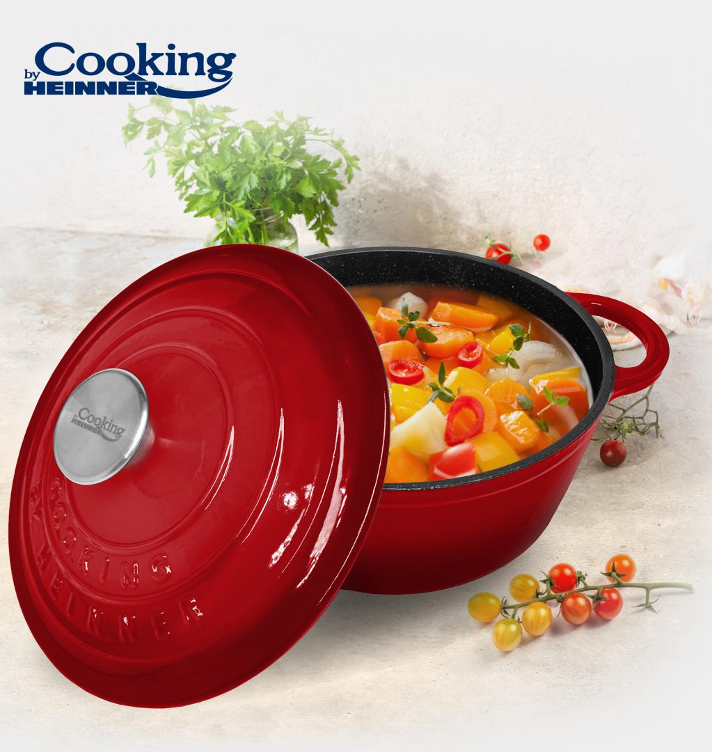 CRATITA FONTA EMAILATA+CAPAC 22X9.5CM,2.9L, RED LINE, COOKING BY HEINNER
