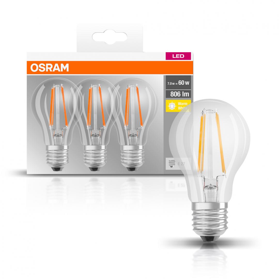 3 Becuri LED Osram Base Classic A, E27, 7W (60W), 806 lm, lumina calda (2700K), cu filament