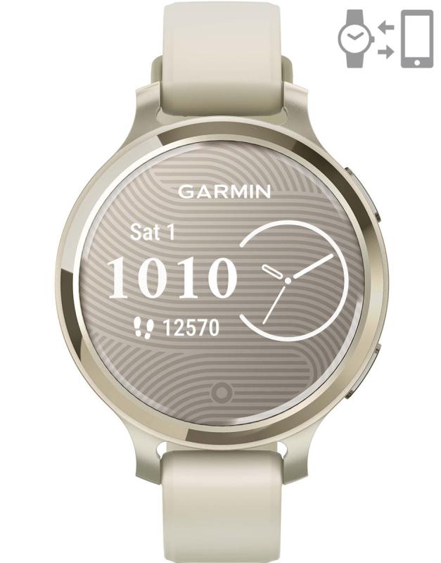 Ceas Garmin Lily 2 Active, display AMOLED, dimensiune afisaj 25,4 mm x 21,3 mm, rezolutie afisaj 240 x 201 pixeli, memorie 8GB, autonomie pana la 9 zile, rezistanta la apa pana la 5 ATM, greutate: 24,4g, ramă MLunar Glod şi curea Bone din silicon